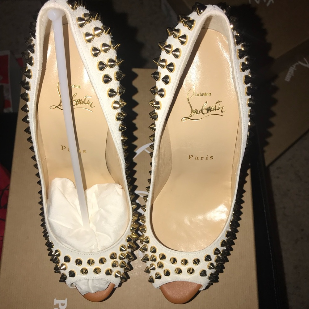 Christian Louboutin White and Gold High Heel Pumps - Picture 3 of 9